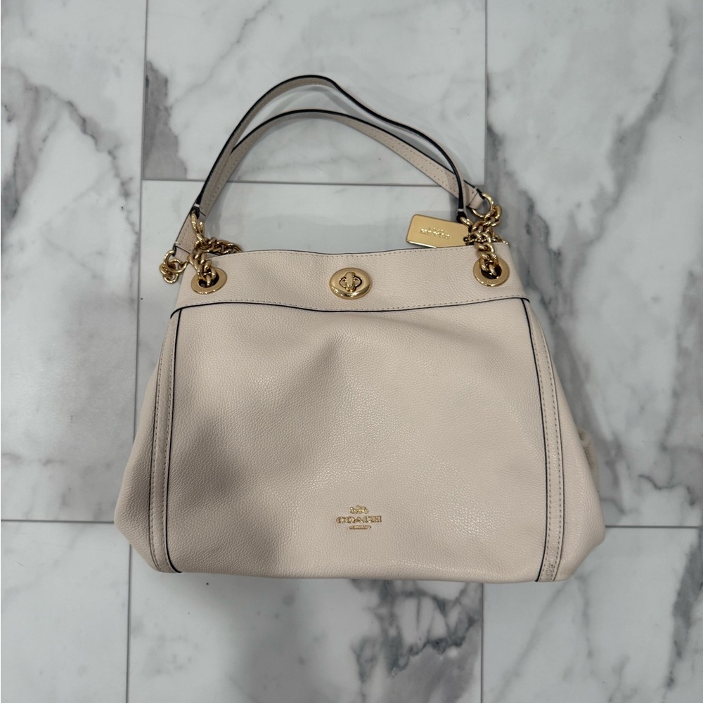 Coach Beige Leather Shoulder Bag with Gold Accents